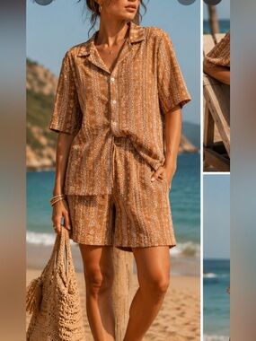 Anthropologie by morsecode Tan embroidery  set shirt and shorts set size M